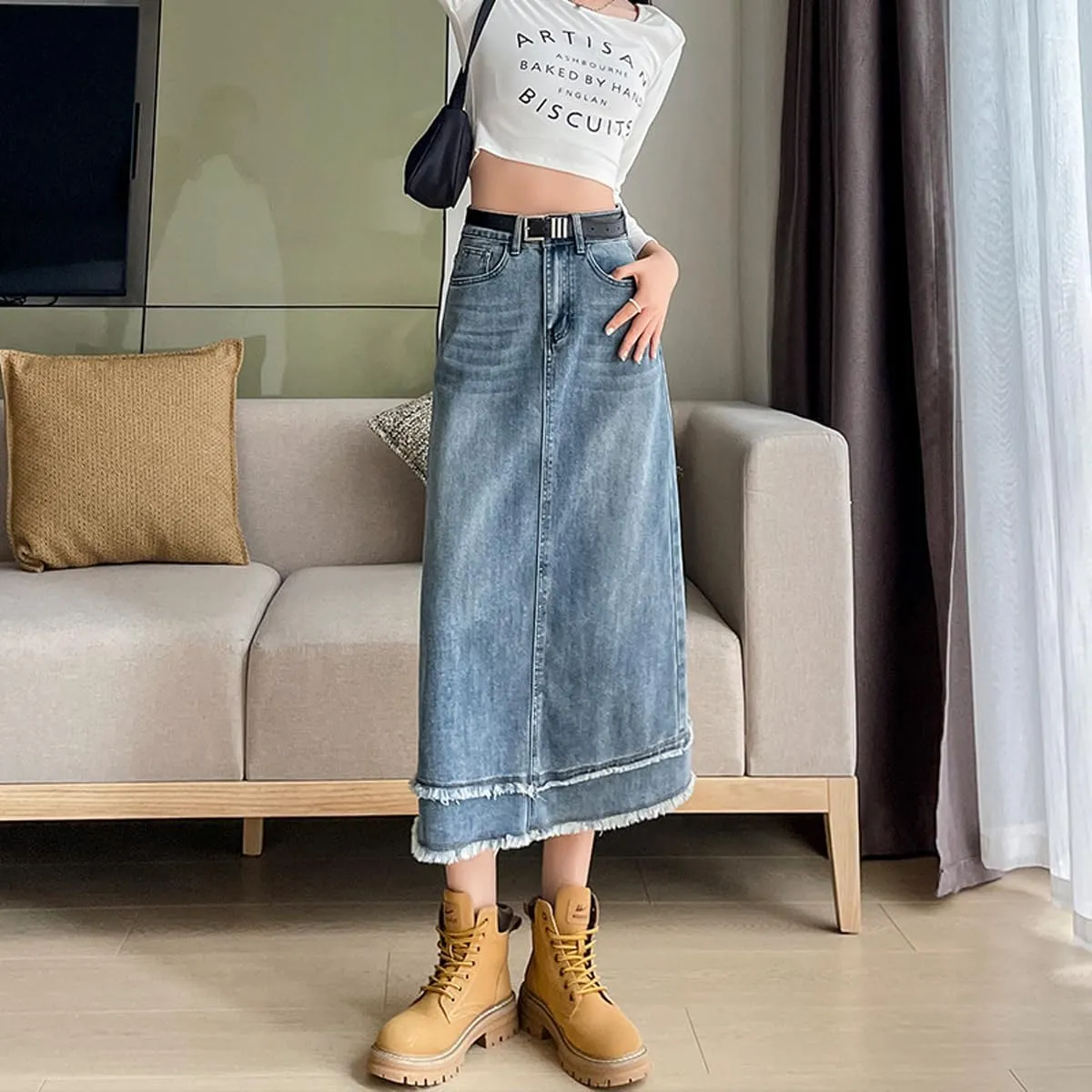 Korean Retro Denim Skirt, Women's high Waisted, Ruffled Half Length Denim Skirt, Gothic Denim Skirt