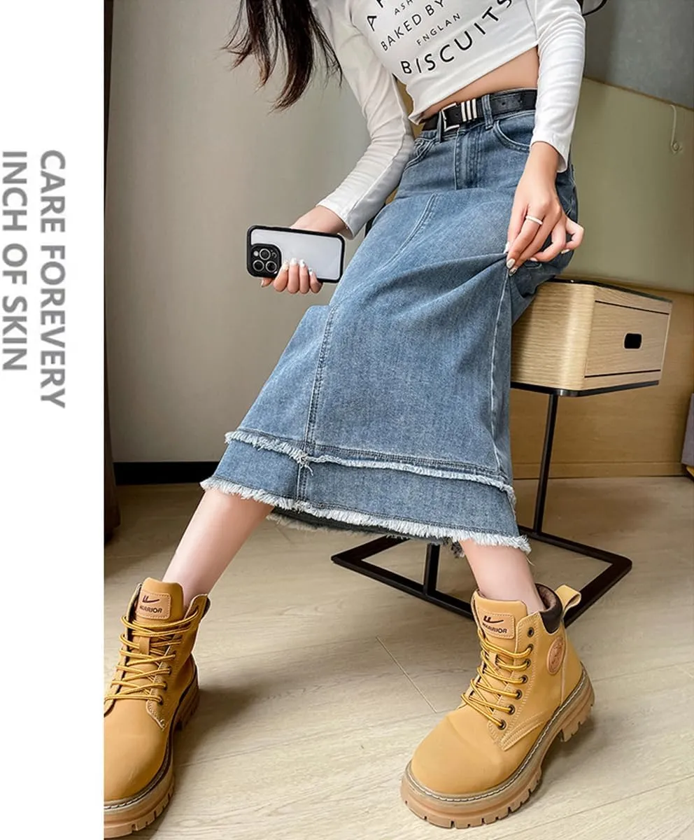 Korean Retro Denim Skirt, Women's high Waisted, Ruffled Half Length Denim Skirt, Gothic Denim Skirt