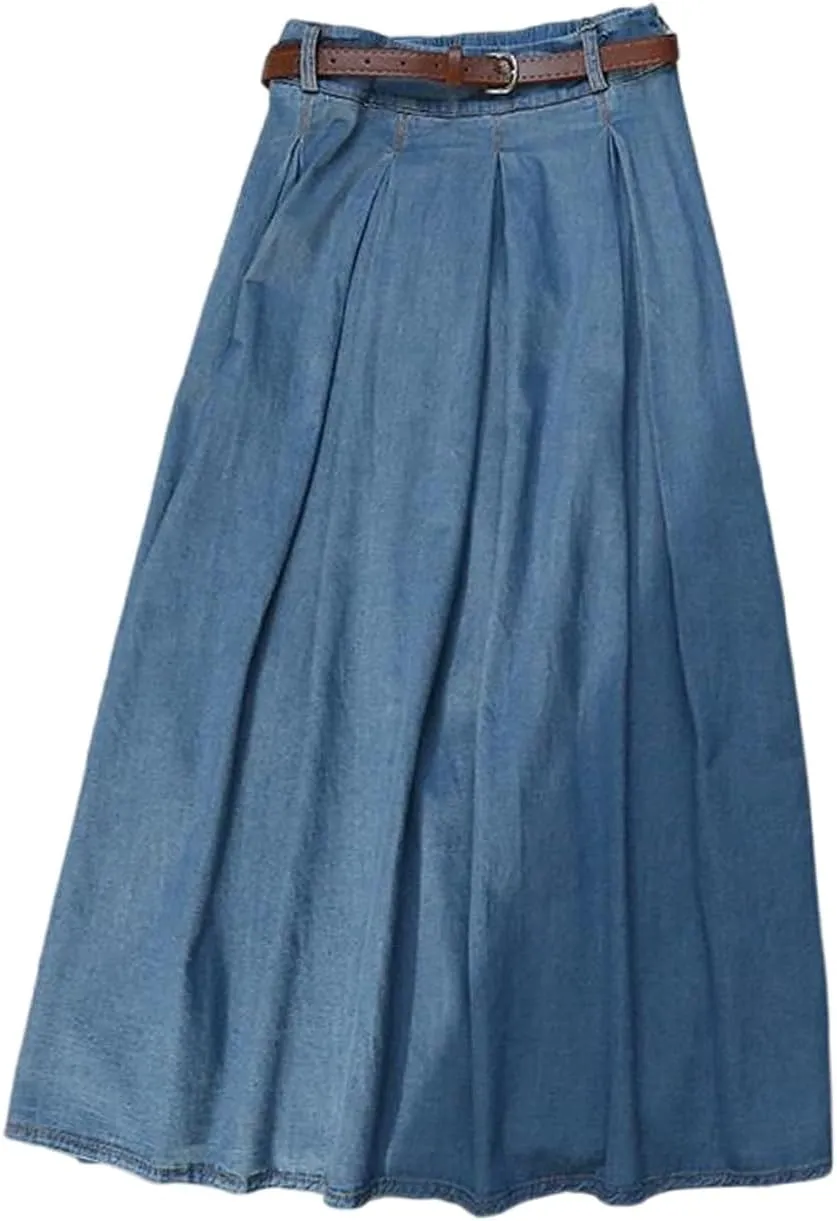 Korean Retro Denim Skirt, Women's Summer Thin high Waisted Pleated Denim Skirt, Harajuku Denim Skirt (Light Blue,L)