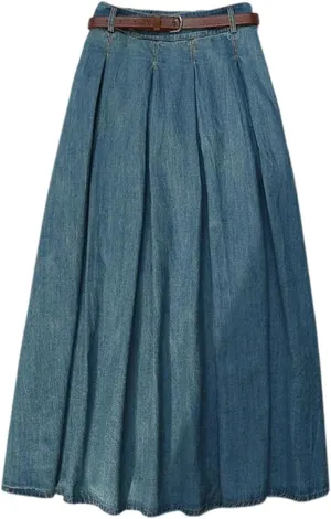 Korean Retro Denim Skirt, Women's Summer Thin high Waisted Pleated Denim Skirt, Harajuku Denim Skirt (Retro Blue,M)