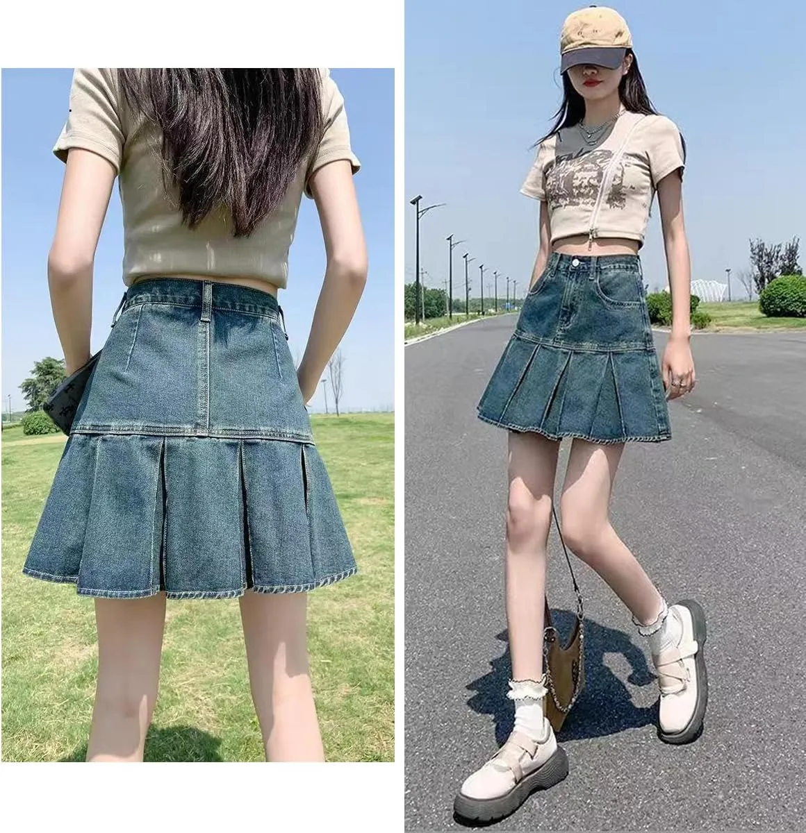 Korean Version Denim Short Skirt, Women's high Waisted A-line Pleated Denim Skirt, Gothic Denim Short Skirt