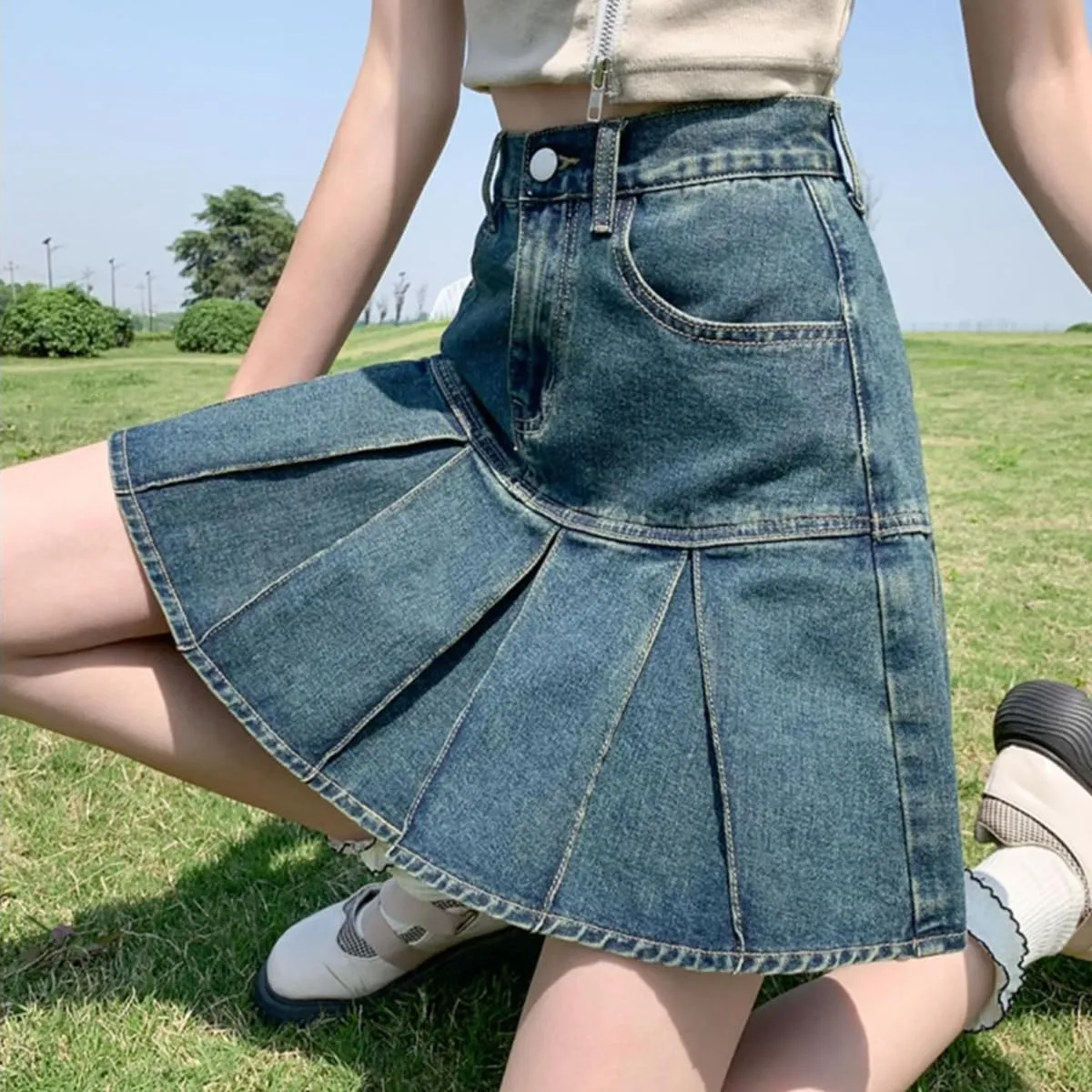Korean Version Denim Short Skirt, Women's high Waisted A-line Pleated Denim Skirt, Gothic Denim Short Skirt