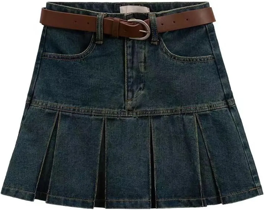 Korean Version Denim Short Skirt, Women's high Waisted A-line Pleated Denim Skirt, Gothic Denim Short Skirt