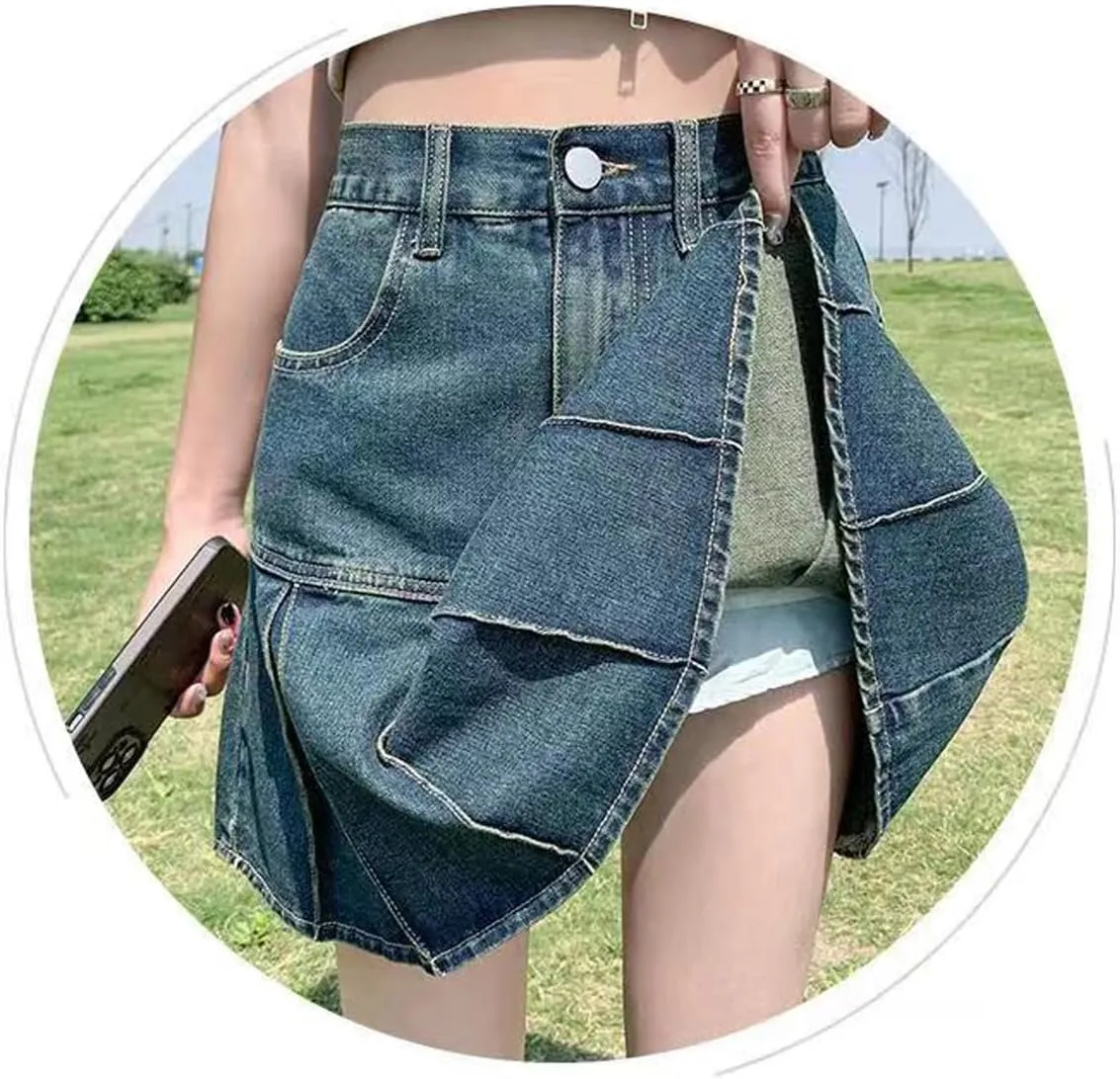 Korean Version Denim Short Skirt, Women's high Waisted A-line Pleated Denim Skirt, Gothic Denim Short Skirt