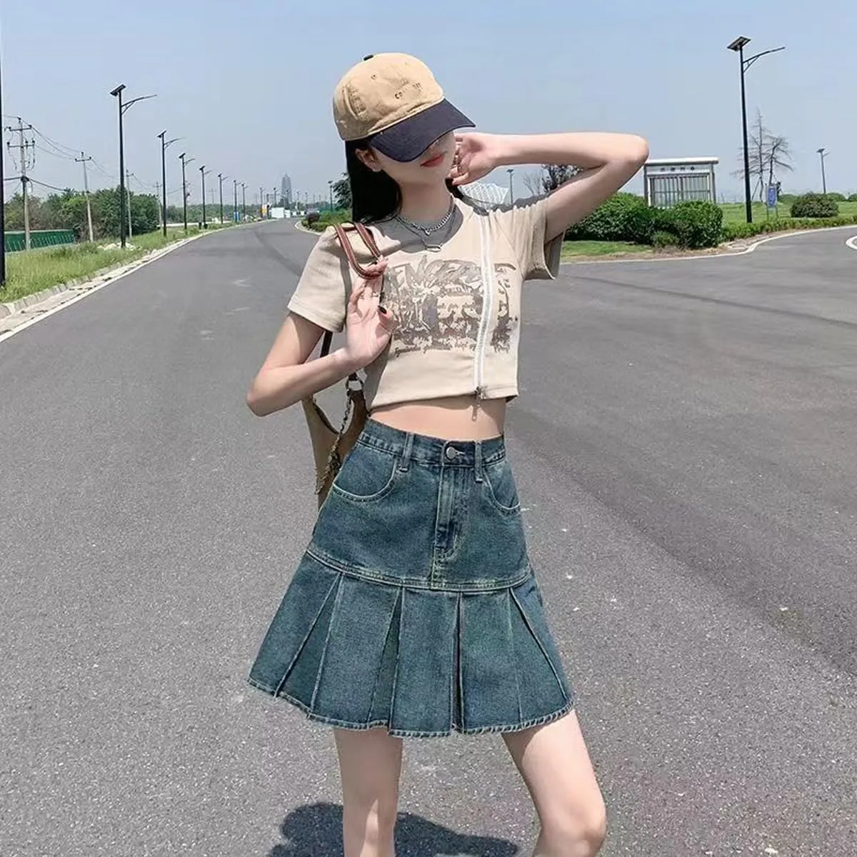 Korean Version Denim Short Skirt, Women's high Waisted A-line Pleated Denim Skirt, Gothic Denim Short Skirt