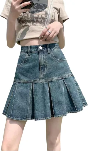 Korean Version Denim Short Skirt, Women's high Waisted A-line Pleated Denim Skirt, Gothic Denim Short Skirt