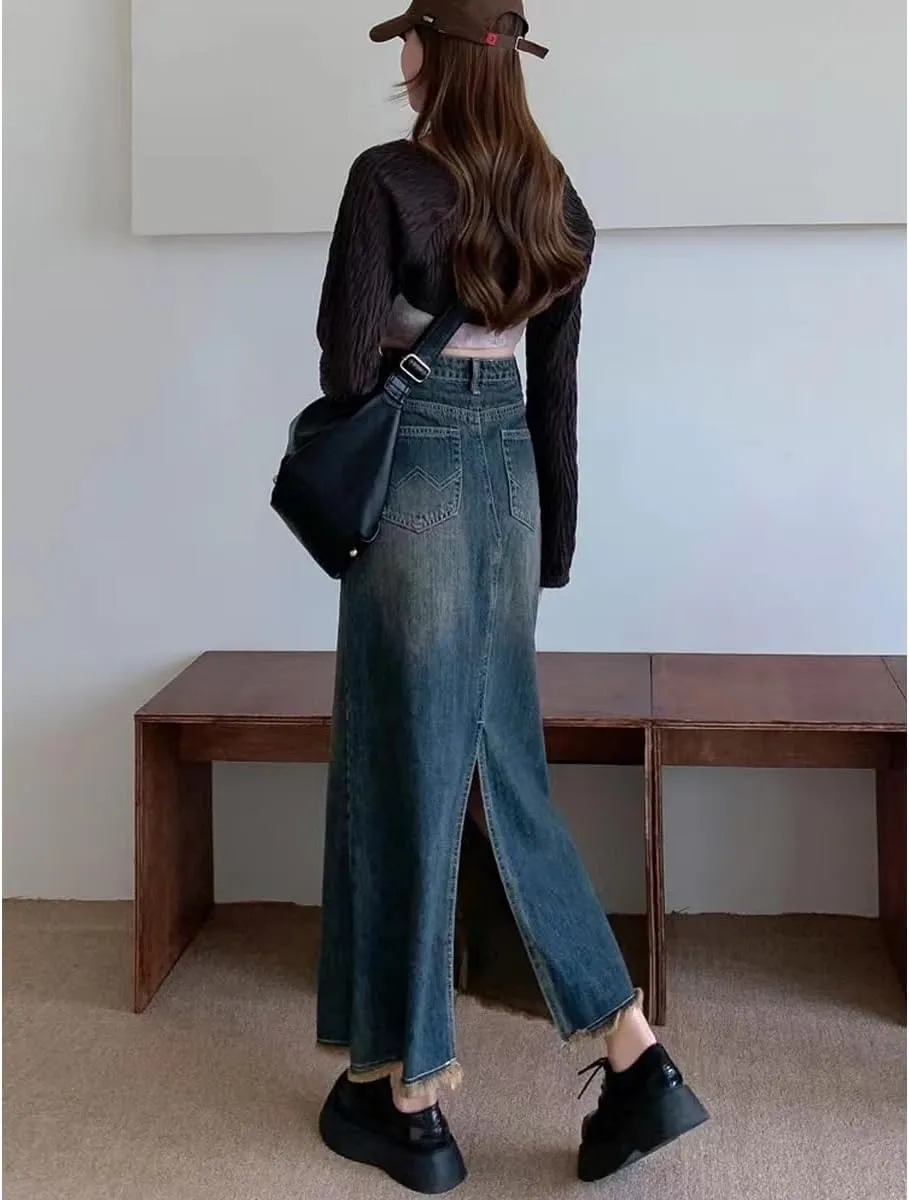 Korean Version Retro Denim Skirt, Women's high Waisted Back Split Fish Tail Half Body Denim Skirt, Gothic Denim Skirt