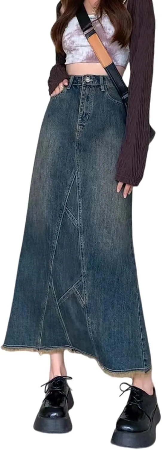 Korean Version Retro Denim Skirt, Women's high Waisted Back Split Fish Tail Half Body Denim Skirt, Gothic Denim Skirt