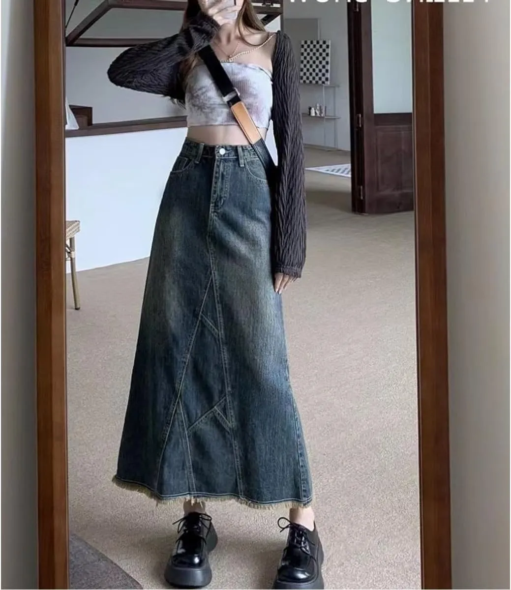 Korean Version Retro Denim Skirt, Women's high Waisted Back Split Fish Tail Half Body Denim Skirt, Gothic Denim Skirt