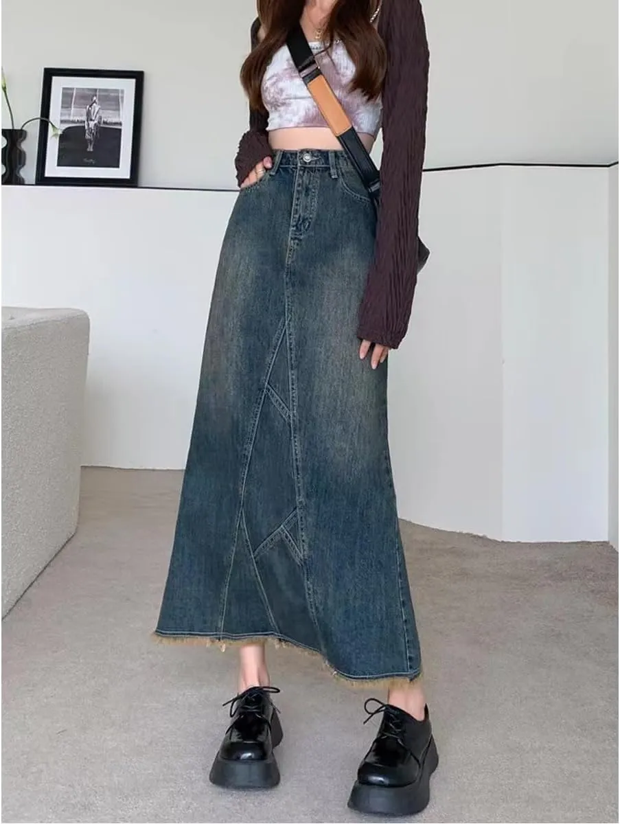 Korean Version Retro Denim Skirt, Women's high Waisted Back Split Fish Tail Half Body Denim Skirt, Gothic Denim Skirt