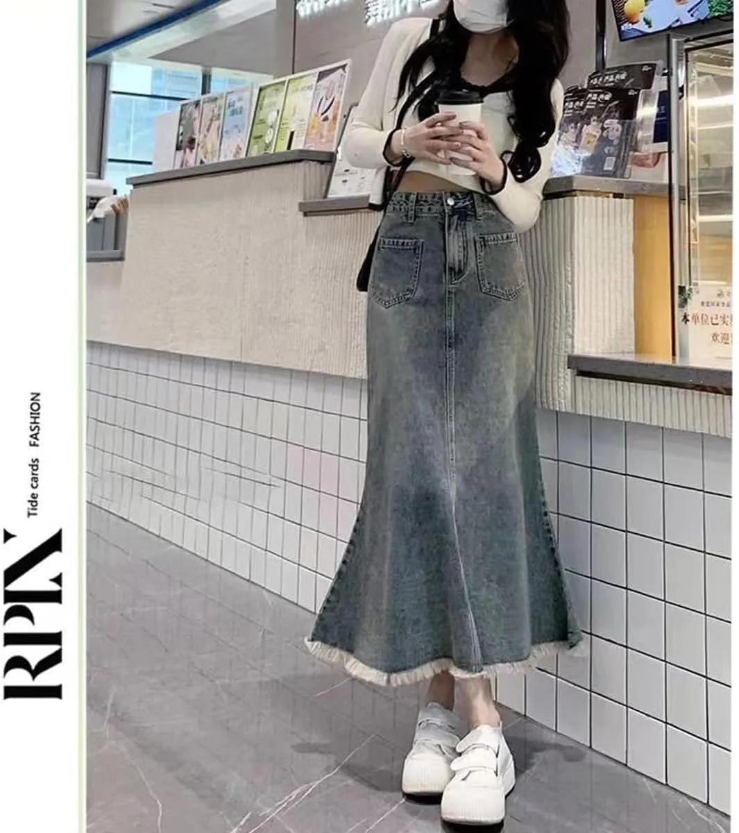 Korean Vintage Denim Skirt, Women's high Waisted Fishtail Half Length Denim Skirt, Gothic Denim Skirt