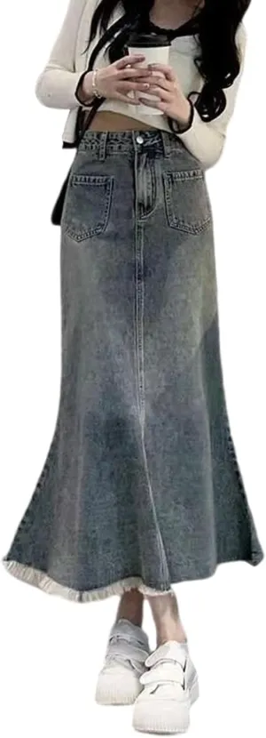 Korean Vintage Denim Skirt, Women's high Waisted Fishtail Half Length Denim Skirt, Gothic Denim Skirt