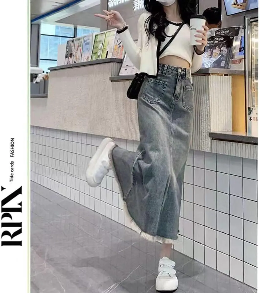 Korean Vintage Denim Skirt, Women's high Waisted Fishtail Half Length Denim Skirt, Gothic Denim Skirt