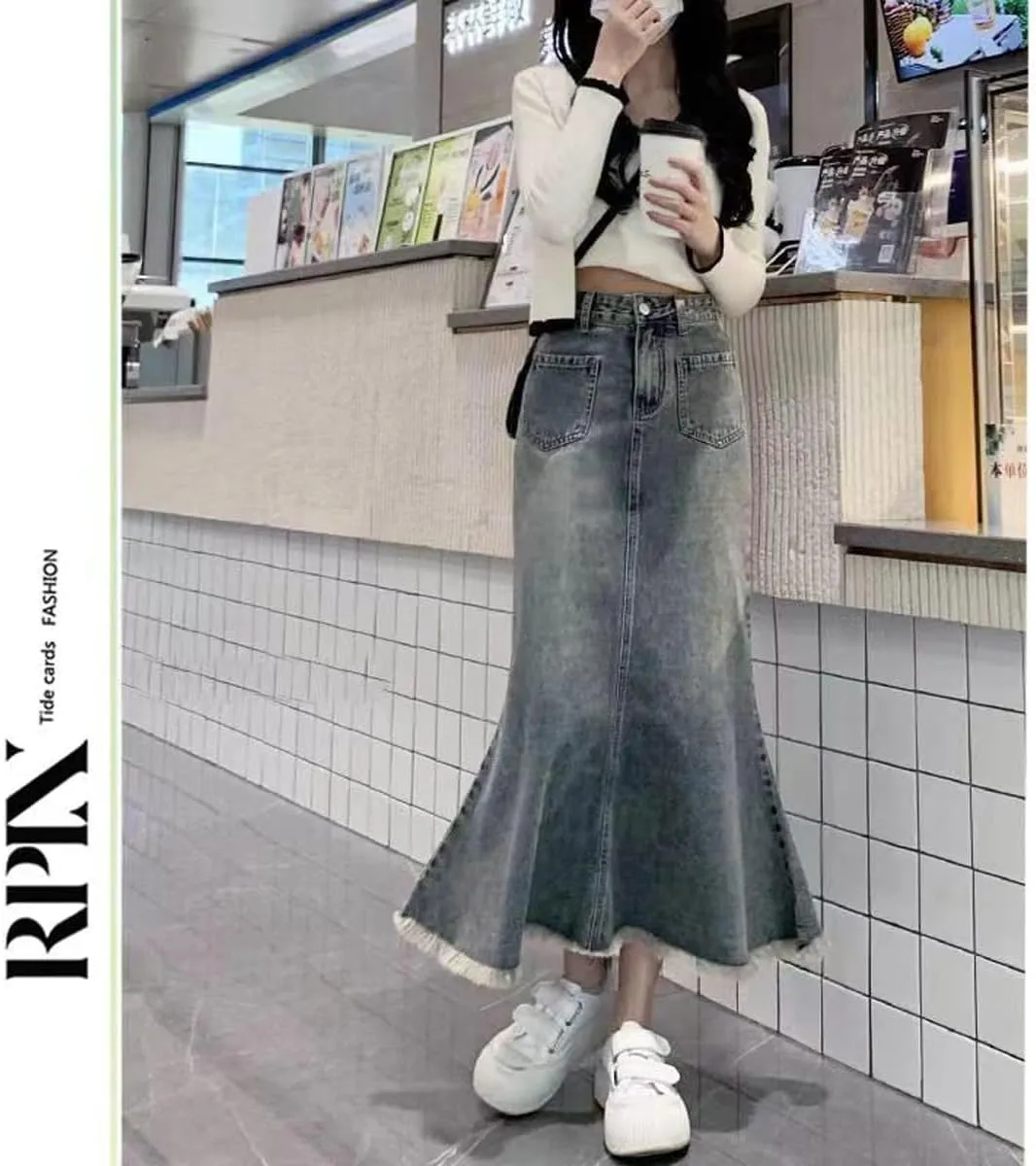Korean Vintage Denim Skirt, Women's high Waisted Fishtail Half Length Denim Skirt, Gothic Denim Skirt