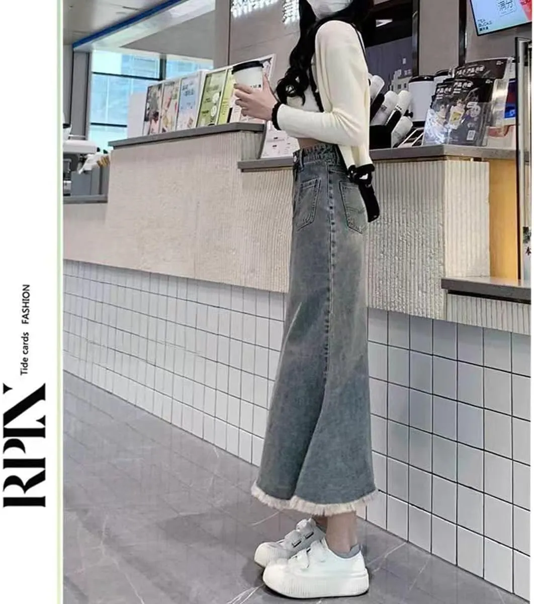 Korean Vintage Denim Skirt, Women's high Waisted Fishtail Half Length Denim Skirt, Gothic Denim Skirt