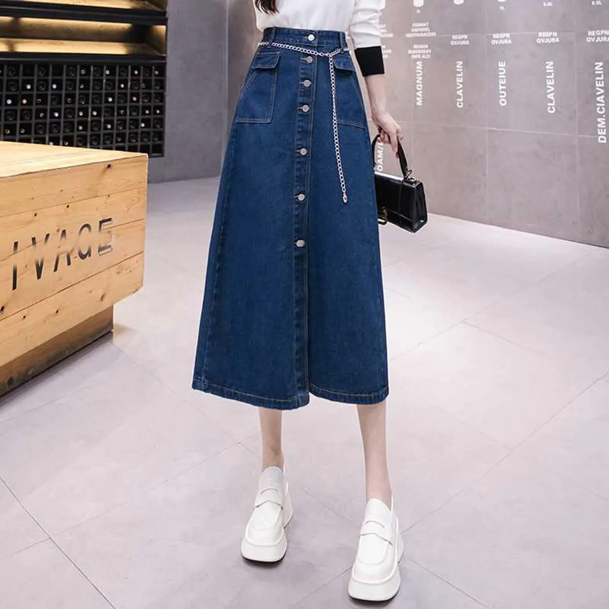 Korean Vintage Denim Skirt, Women's high Waisted Pocket Button Denim Skirt, Harajuku Denim Skirt