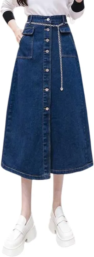 Korean Vintage Denim Skirt, Women's high Waisted Pocket Button Denim Skirt, Harajuku Denim Skirt