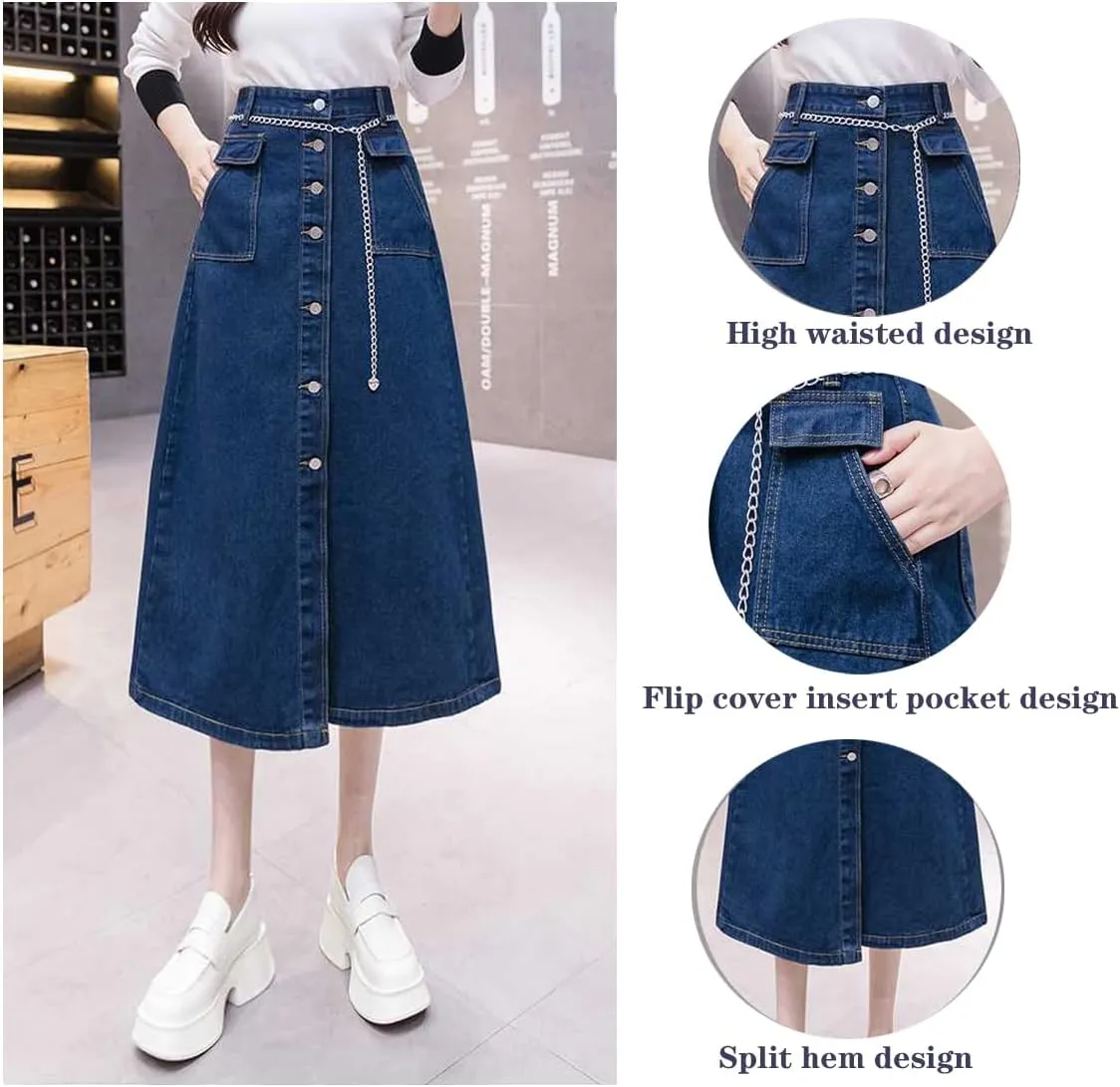 Korean Vintage Denim Skirt, Women's high Waisted Pocket Button Denim Skirt, Harajuku Denim Skirt