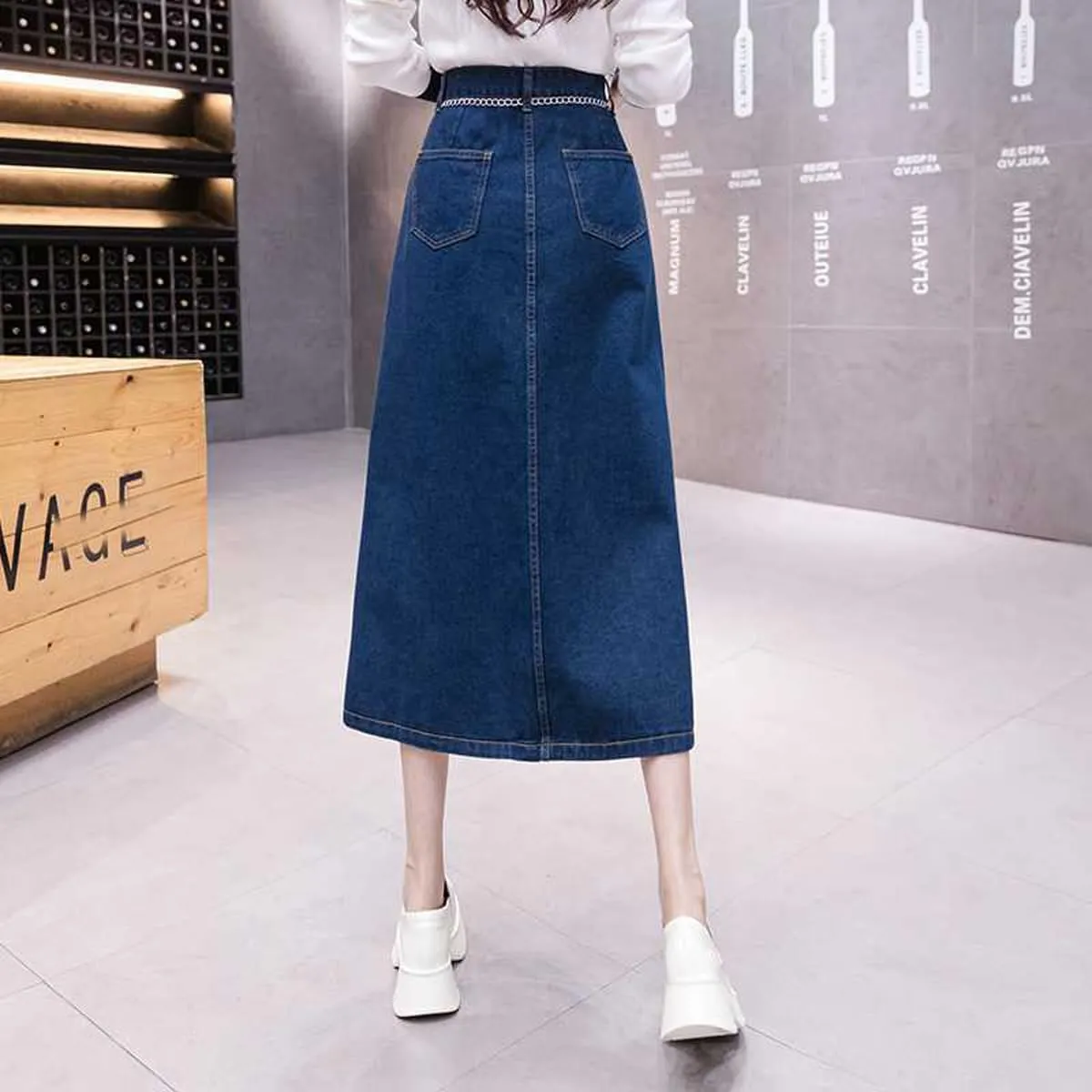 Korean Vintage Denim Skirt, Women's high Waisted Pocket Button Denim Skirt, Harajuku Denim Skirt