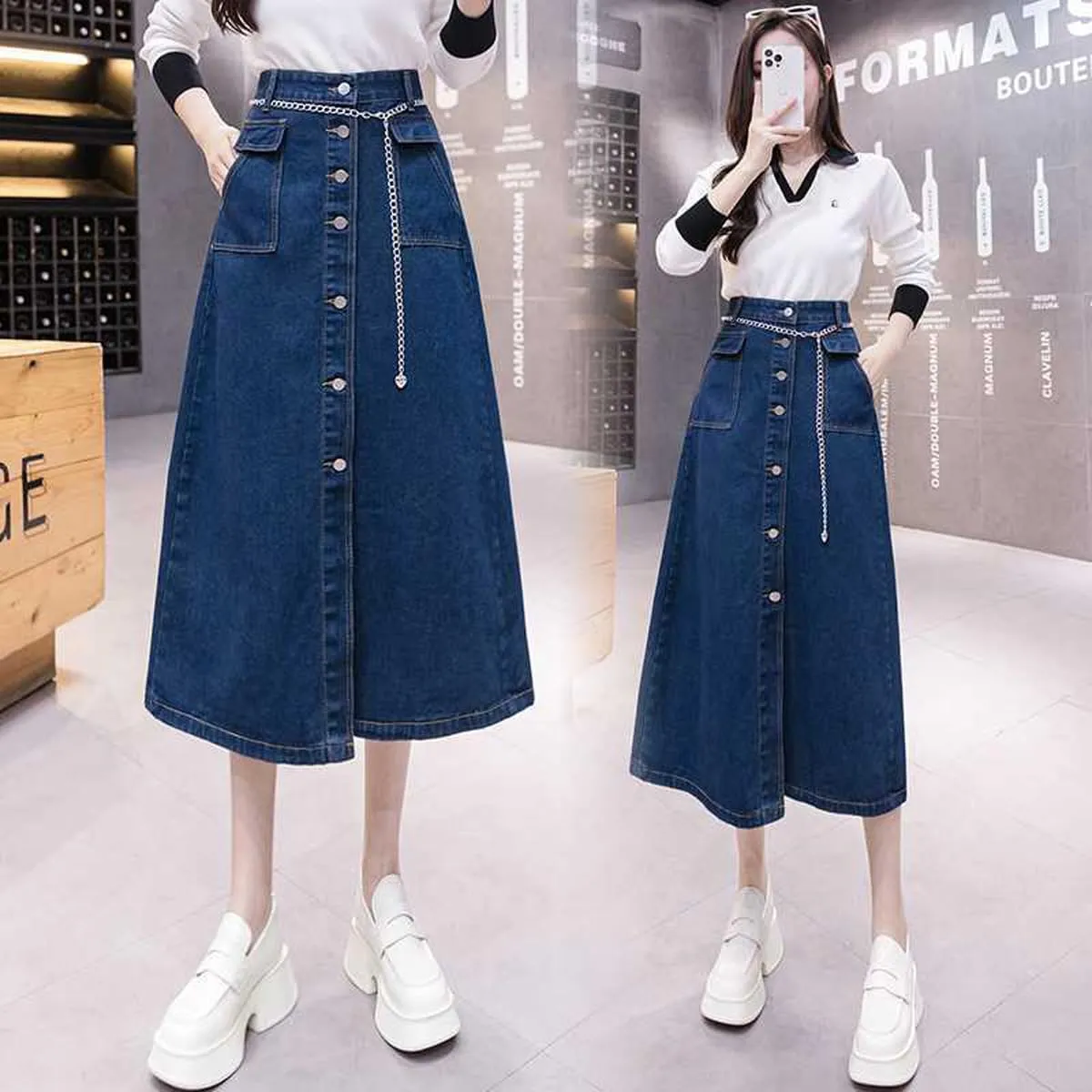 Korean Vintage Denim Skirt, Women's high Waisted Pocket Button Denim Skirt, Harajuku Denim Skirt