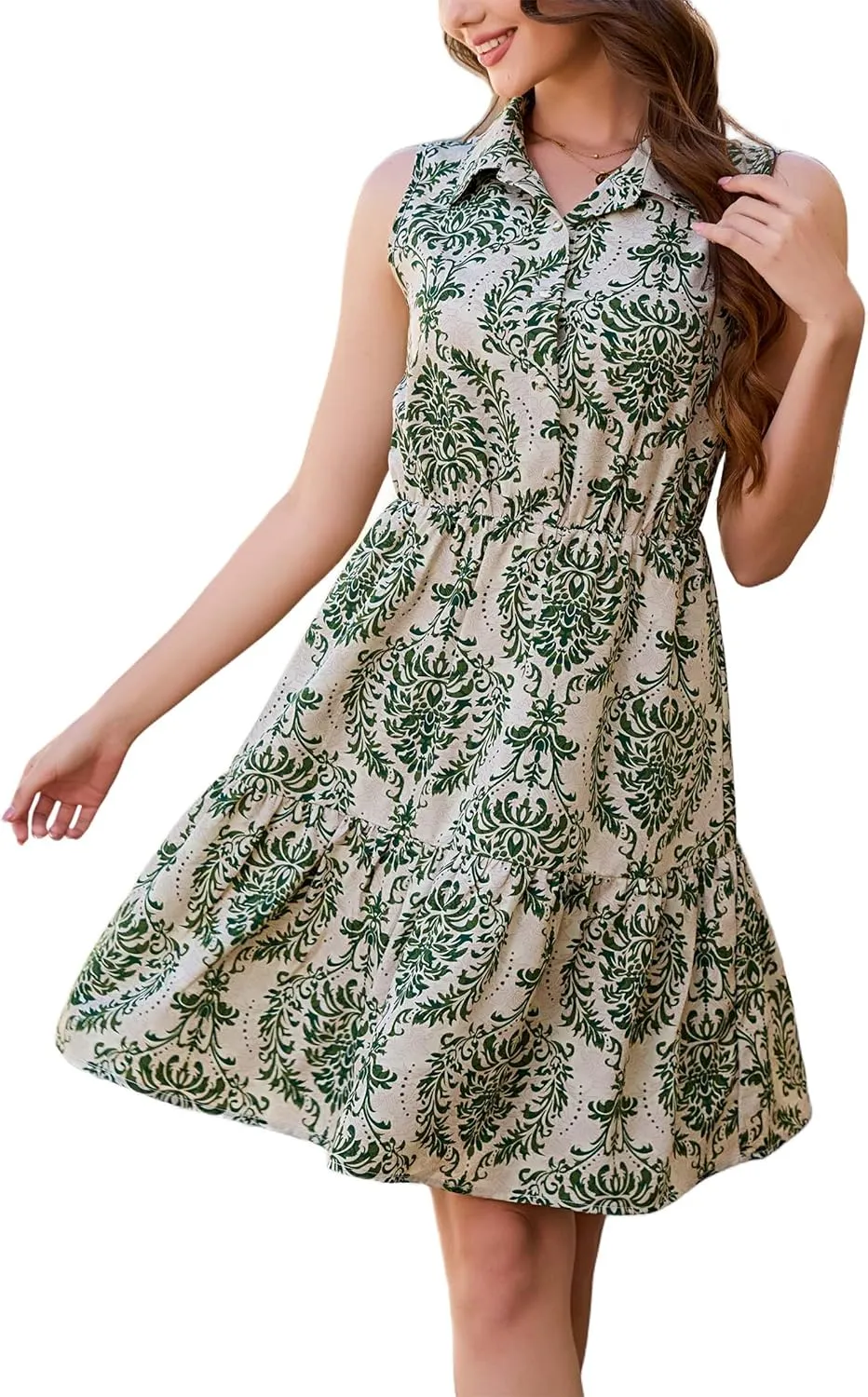 Kormei Women's Casual Summer Sleeveless V Neck Button Short Dress Boho Floral A line Shirts Sundress