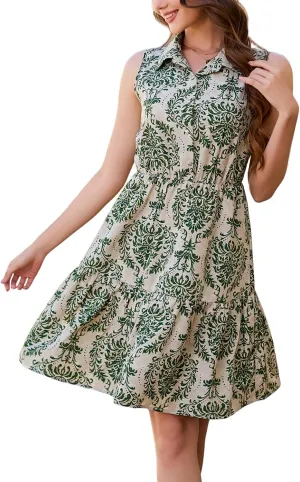 Kormei Women's Casual Summer Sleeveless V Neck Button Short Dress Boho Floral A line Shirts Sundress