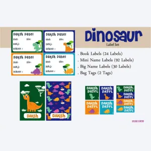 Label Set<br/>Dino Theme<br><span style="font-size: 11px; font-family:Helvetica,Arial,sans-serif;">Assorted pack containing 146 labels and 2 bag tags </span>