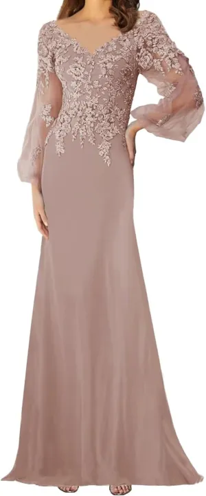 Lace Appliques Mother of The Bride Dress with Sleeves Chiffon Formal Evening Dresses for WomenWedding Reception Gowns