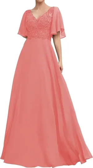 Lace Appliques Mother of The Bride Dresses Ruffle Sleeves Prom Dress Long Chiffon Evening Gown for Wedding