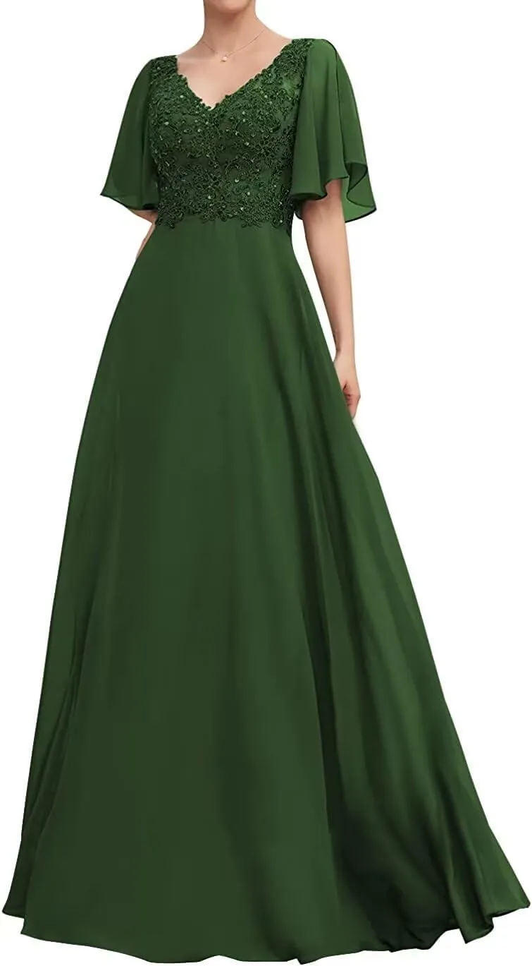 Lace Appliques Mother of The Bride Dresses Ruffle Sleeves Prom Dress Long Chiffon Evening Gown for Wedding