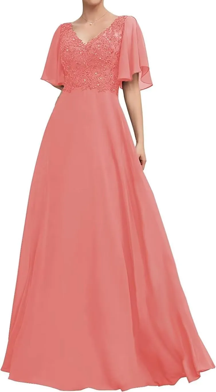 Lace Appliques Mother of The Bride Dresses Ruffle Sleeves Prom Dress Long Chiffon Evening Gown for Wedding