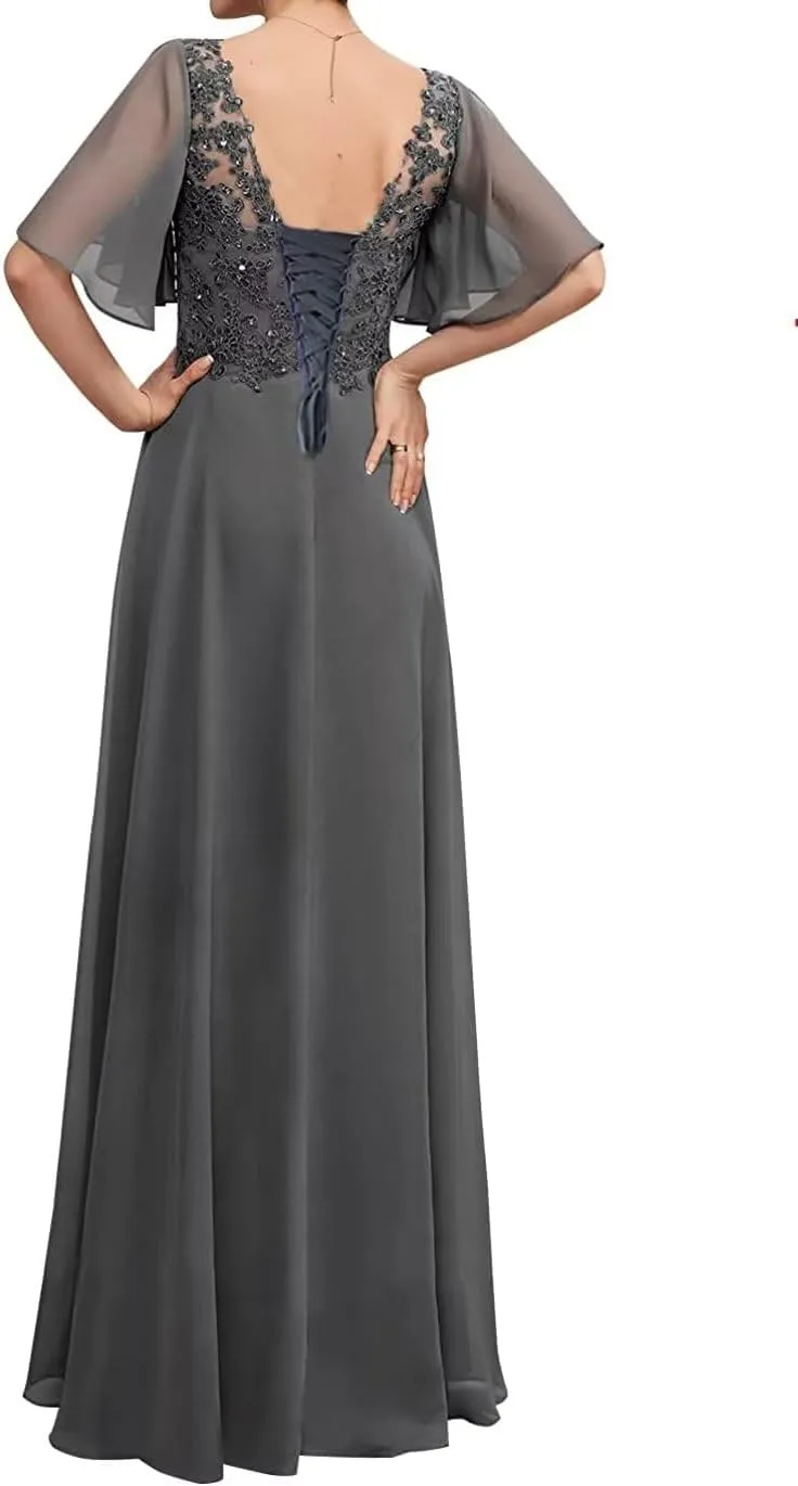 Lace Appliques Mother of The Bride Dresses Ruffle Sleeves Prom Dress Long Chiffon Evening Gown for Wedding