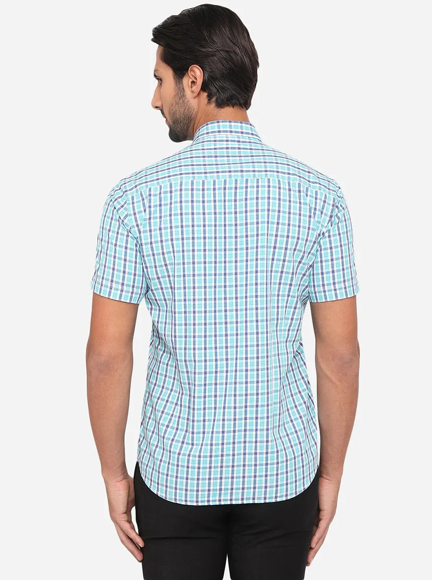 Lake Blue Checked Slim Fit Semi Casual Shirt | Greenfibre