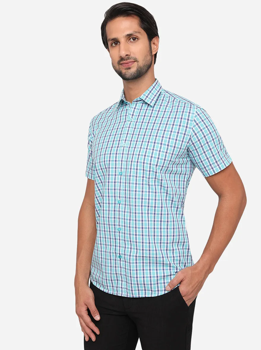Lake Blue Checked Slim Fit Semi Casual Shirt | Greenfibre