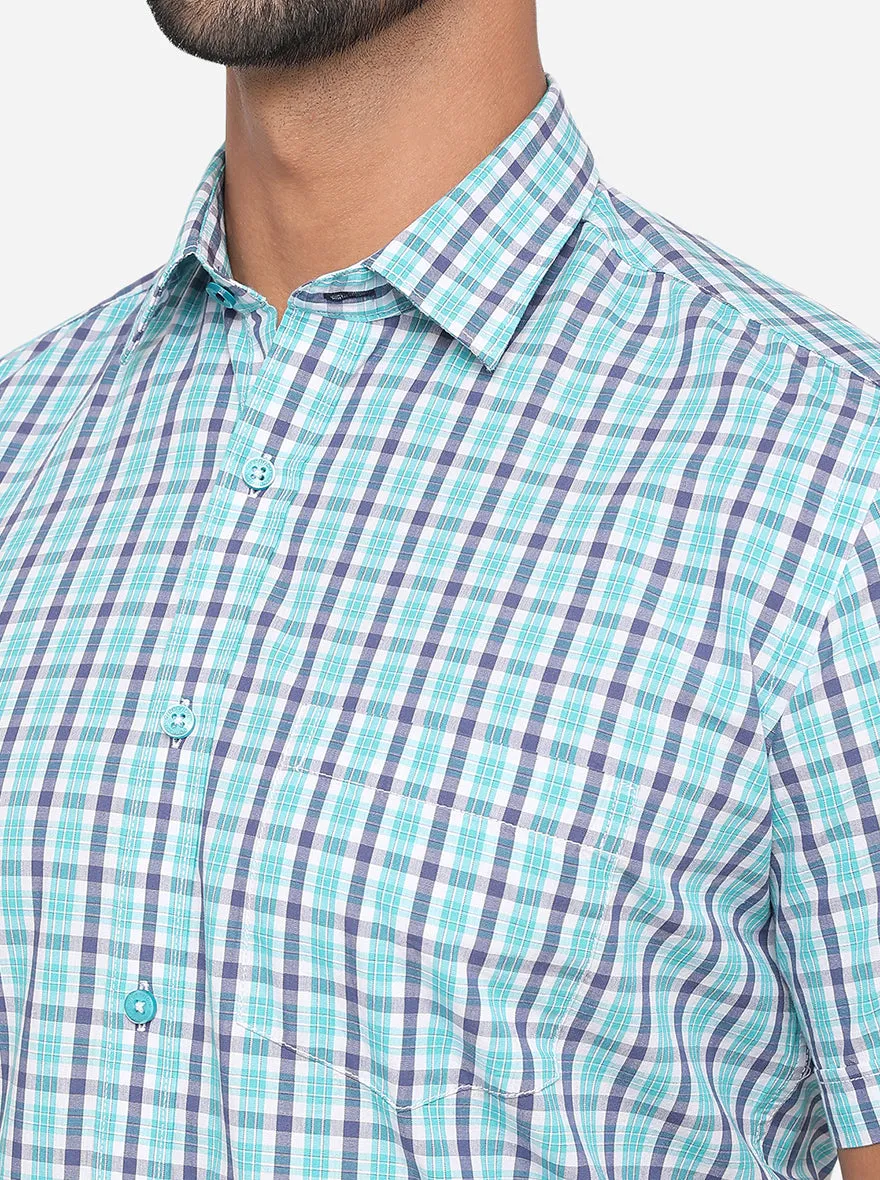 Lake Blue Checked Slim Fit Semi Casual Shirt | Greenfibre