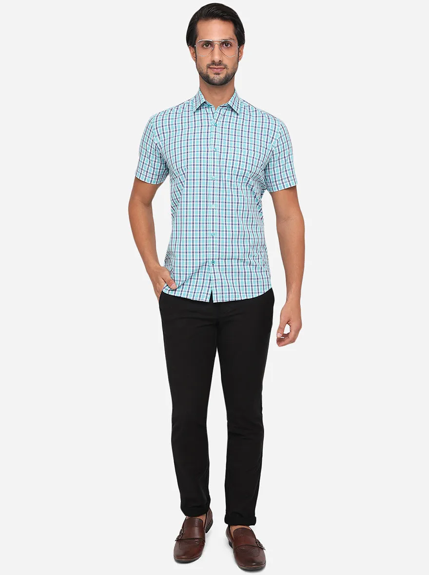 Lake Blue Checked Slim Fit Semi Casual Shirt | Greenfibre