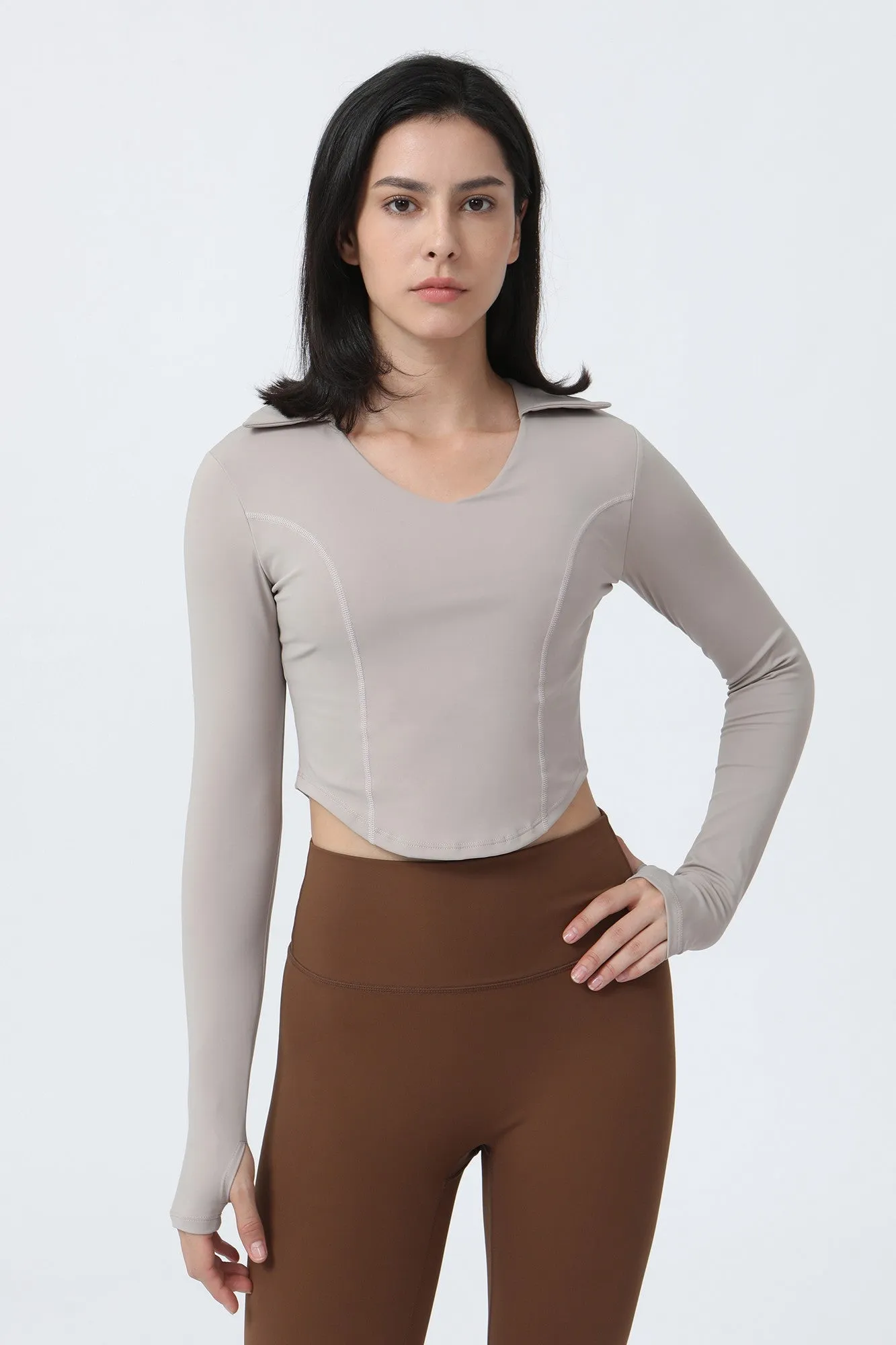 Lapel Corset Detail Long Sleeve Crop Top