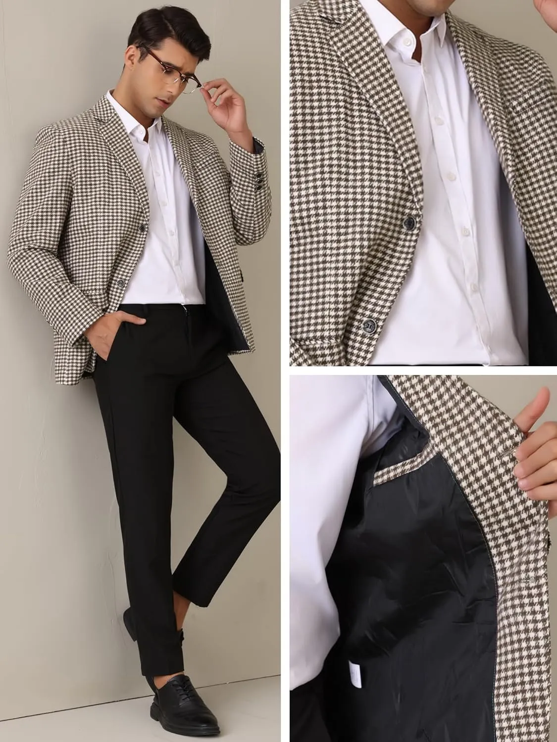 Lars Amadeus Houndstooth Blazer for Men's Classic Fit Business Two Button Plaid Sports Coat
