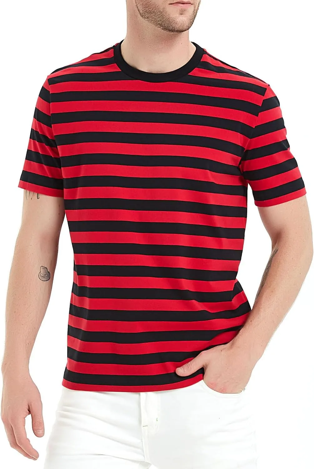 LEDING Casual Shirts Mens Short Sleeve Striped Black White Cotton Spandex Summer Holiday Travel Basic Pullover Crew Shirt