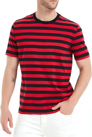 LEDING Casual Shirts Mens Short Sleeve Striped Black White Cotton Spandex Summer Holiday Travel Basic Pullover Crew Shirt