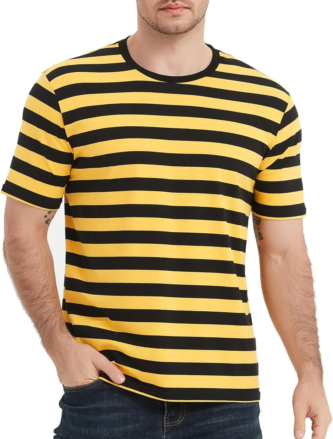 LEDING Casual Shirts Mens Short Sleeve Striped Black White Cotton Spandex Summer Holiday Travel Basic Pullover Crew Shirt