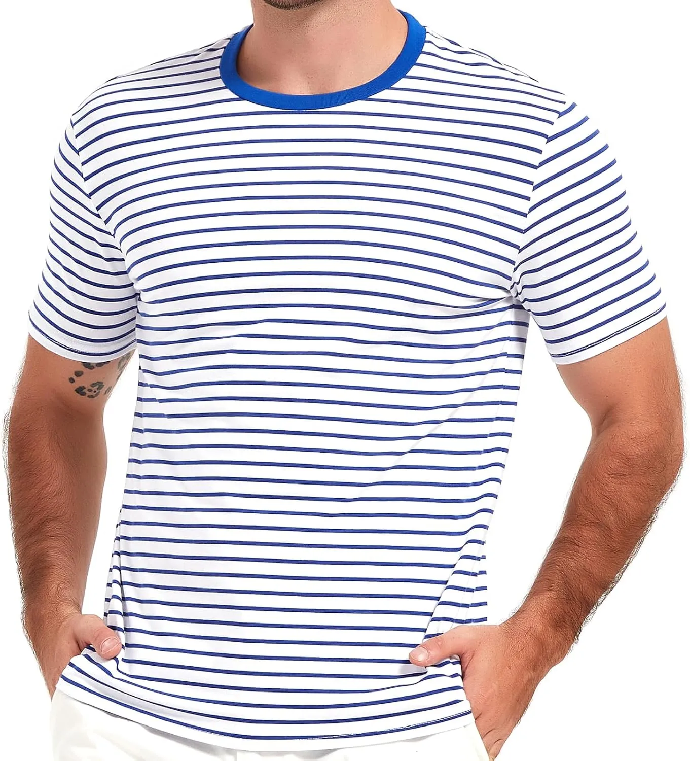 LEDING Casual Shirts Mens Short Sleeve Striped Black White Cotton Spandex Summer Holiday Travel Basic Pullover Crew Shirt