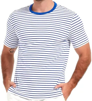 LEDING Casual Shirts Mens Short Sleeve Striped Black White Cotton Spandex Summer Holiday Travel Basic Pullover Crew Shirt
