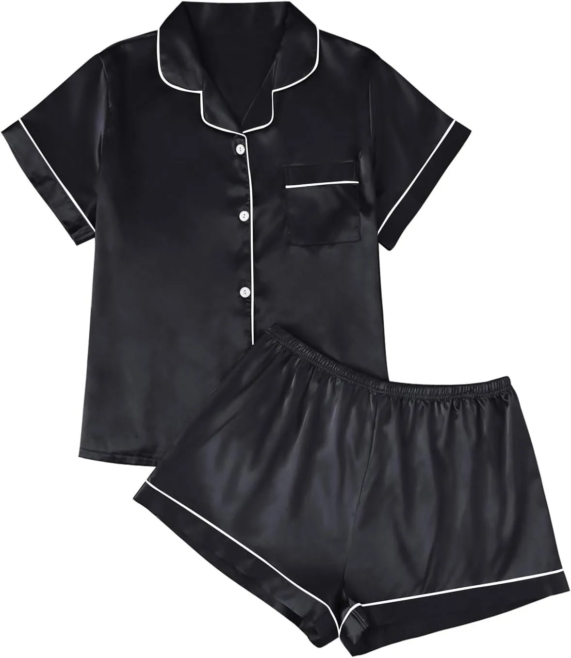 LILLUSORY Silk Satin Pajama Set for Women 2 Piece Lounge Pjs Shorts Matching Summer Sleepwear Button Down Shirt Shorts