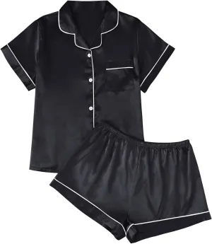 LILLUSORY Silk Satin Pajama Set for Women 2 Piece Lounge Pjs Shorts Matching Summer Sleepwear Button Down Shirt Shorts