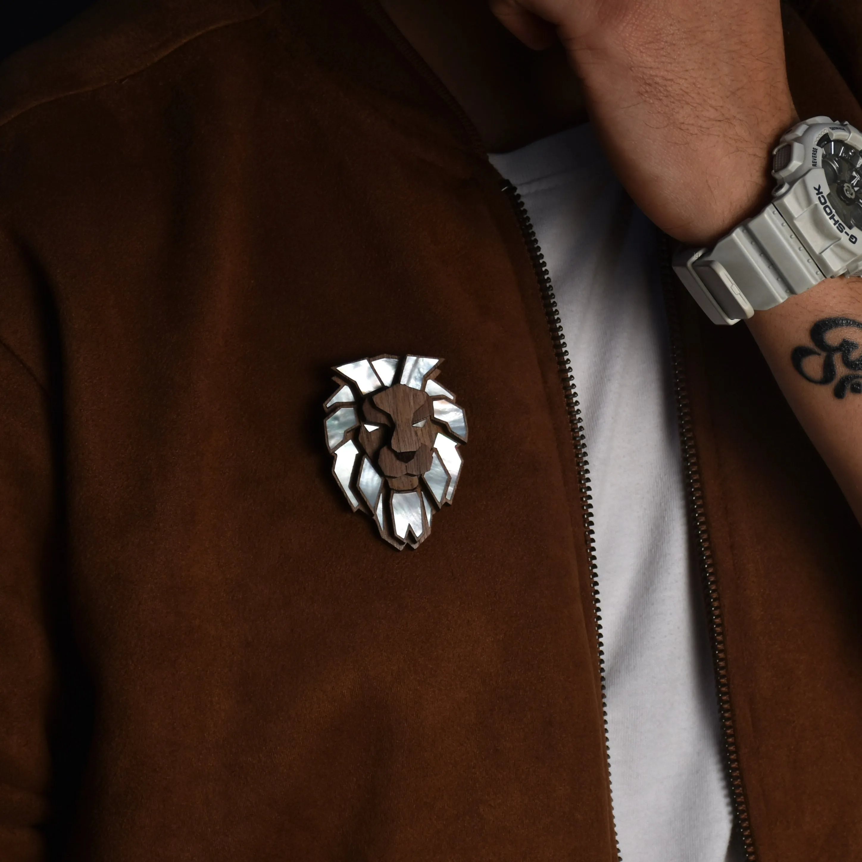 Lion Brooch from Mother of Pearl series - 16 hand inlaid MOP jewels.