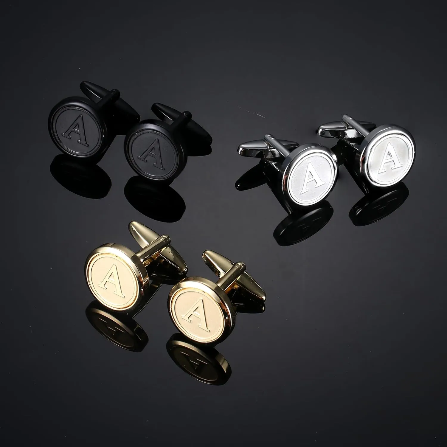 LOLIAS 3 Pairs Initial Cufflinks For Men Classic Mens CuffLinks Set Letter Cuff Links for Casual to Formal with Gift Box Silver Black Gold Cufflinks for Father Husband