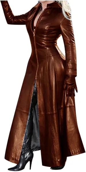 Long Leather Jacket Women Fall Winter Coats Sexy Solid Windbreaker Zipper Trench Jackets Slim Outwear