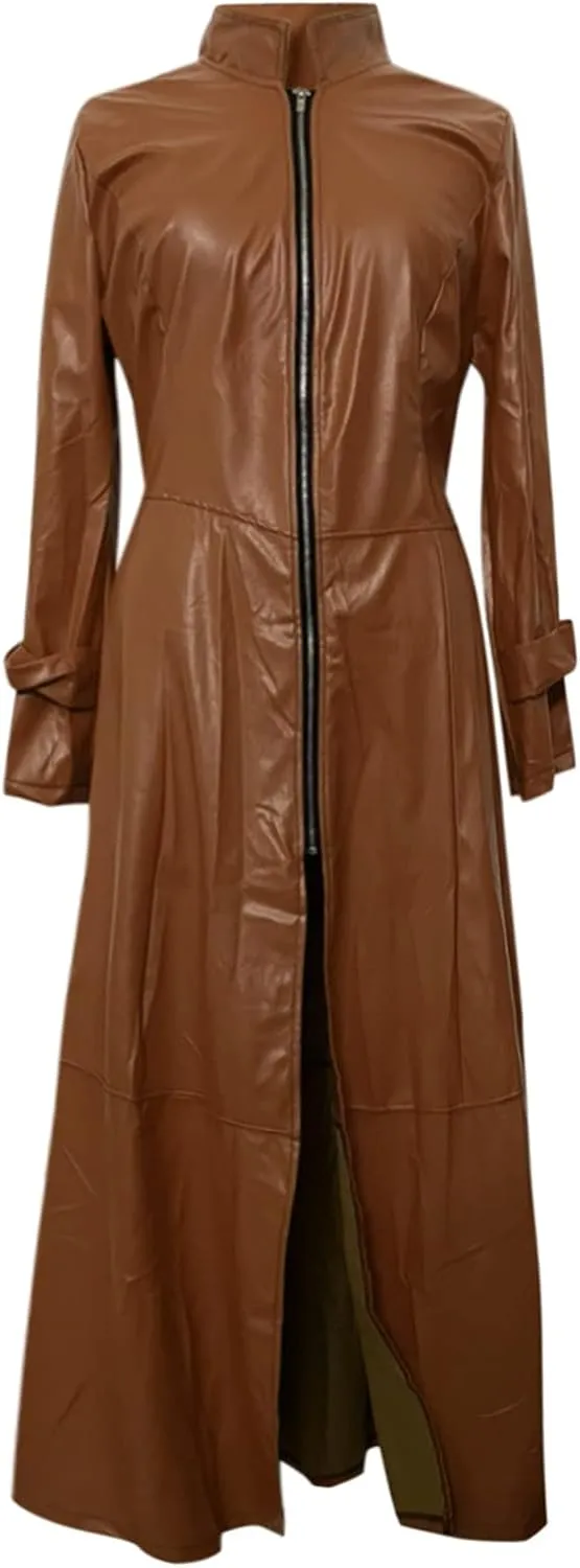 Long Leather Jacket Women Fall Winter Coats Sexy Solid Windbreaker Zipper Trench Jackets Slim Outwear
