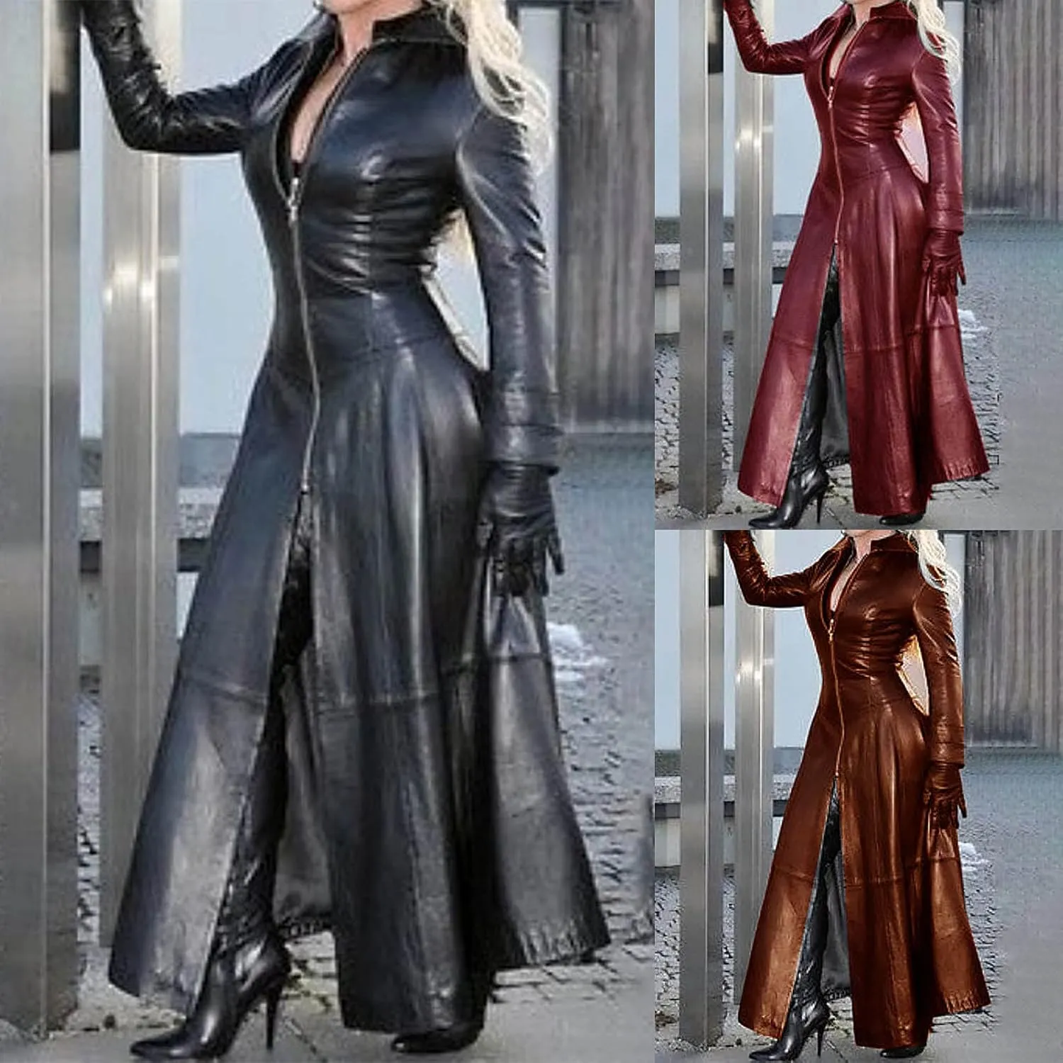 Long Leather Jacket Women Fall Winter Coats Sexy Solid Windbreaker Zipper Trench Jackets Slim Outwear